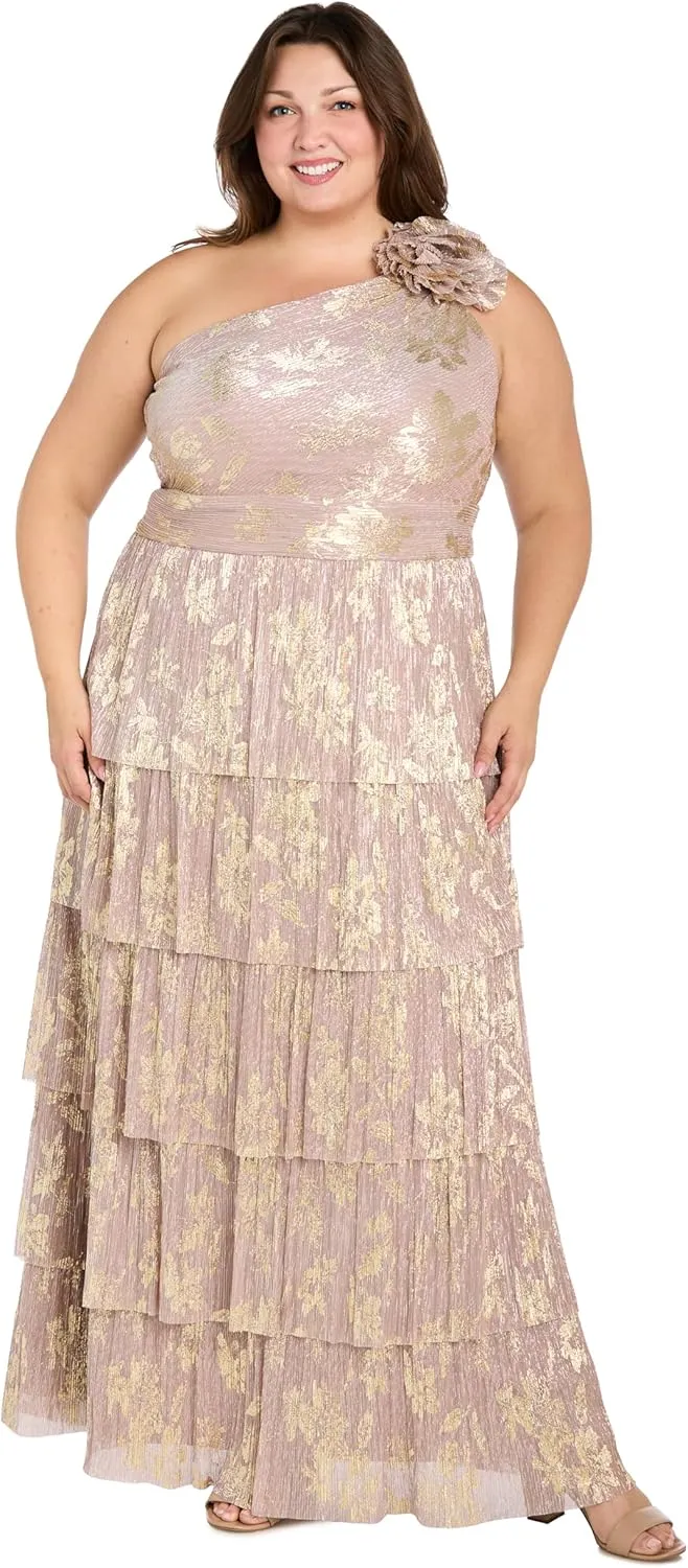 R&M Richards Elegant One-Shoulder Tiered Pleated Metallic Gown W/ 3D Flower Detail