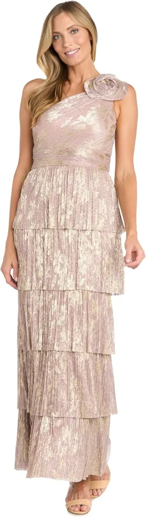 R&M Richards Elegant One-Shoulder Tiered Pleated Metallic Gown W/ 3D Flower Detail