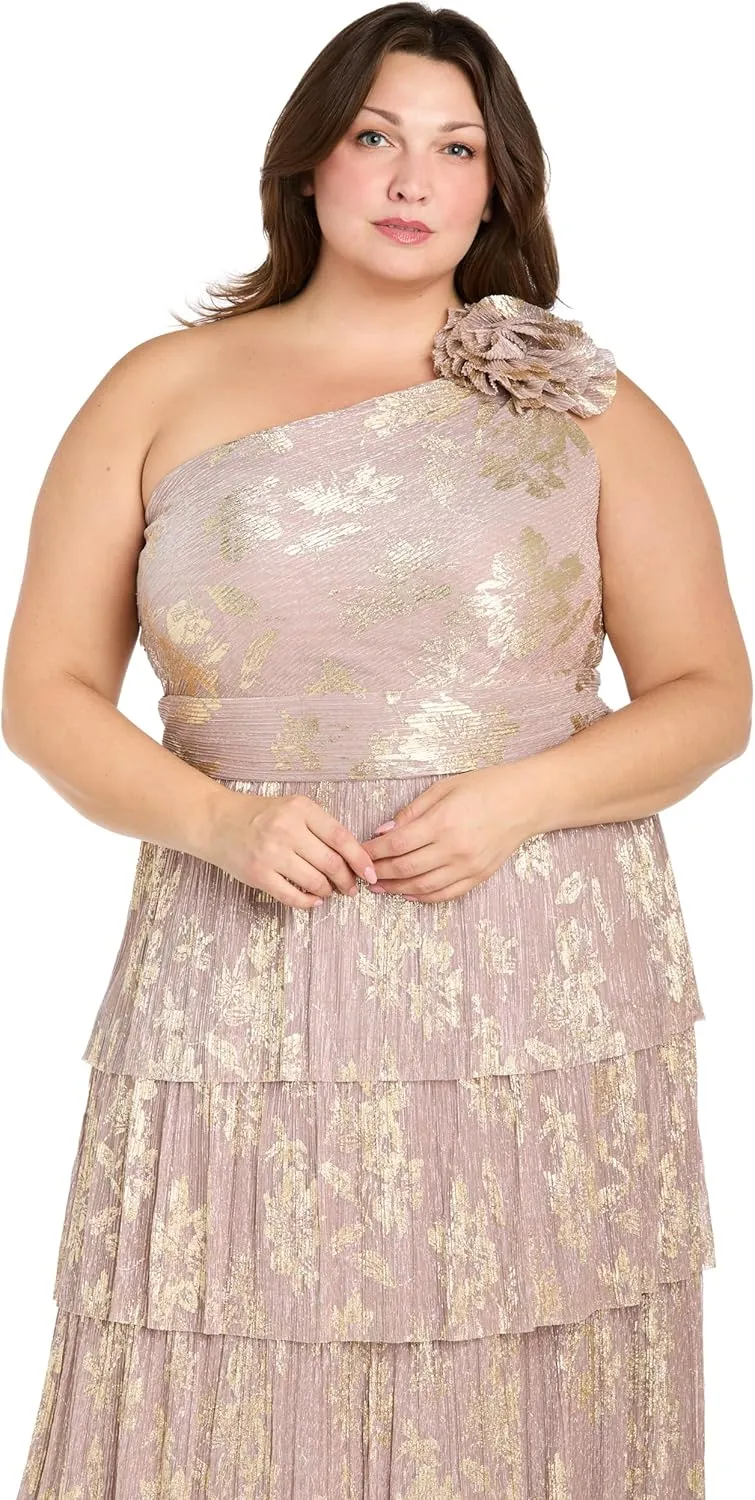R&M Richards Elegant One-Shoulder Tiered Pleated Metallic Gown W/ 3D Flower Detail