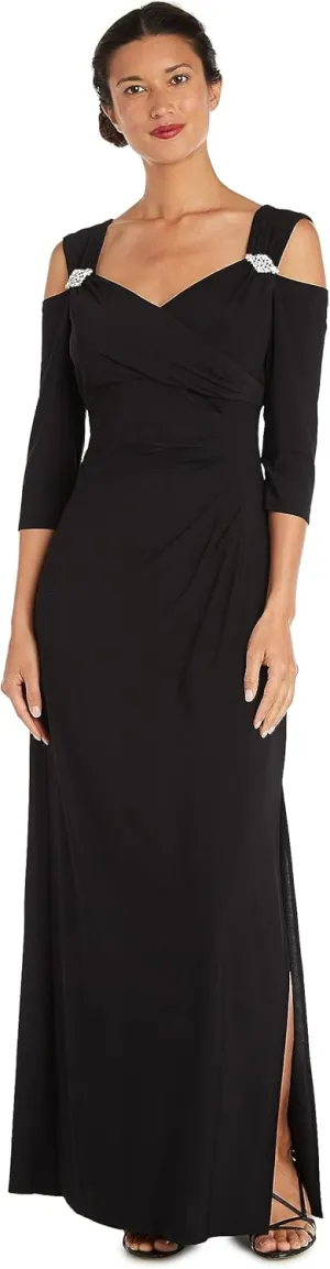 R&M Richards Womens Plus Cold Shoulder Embellished Evening Dress