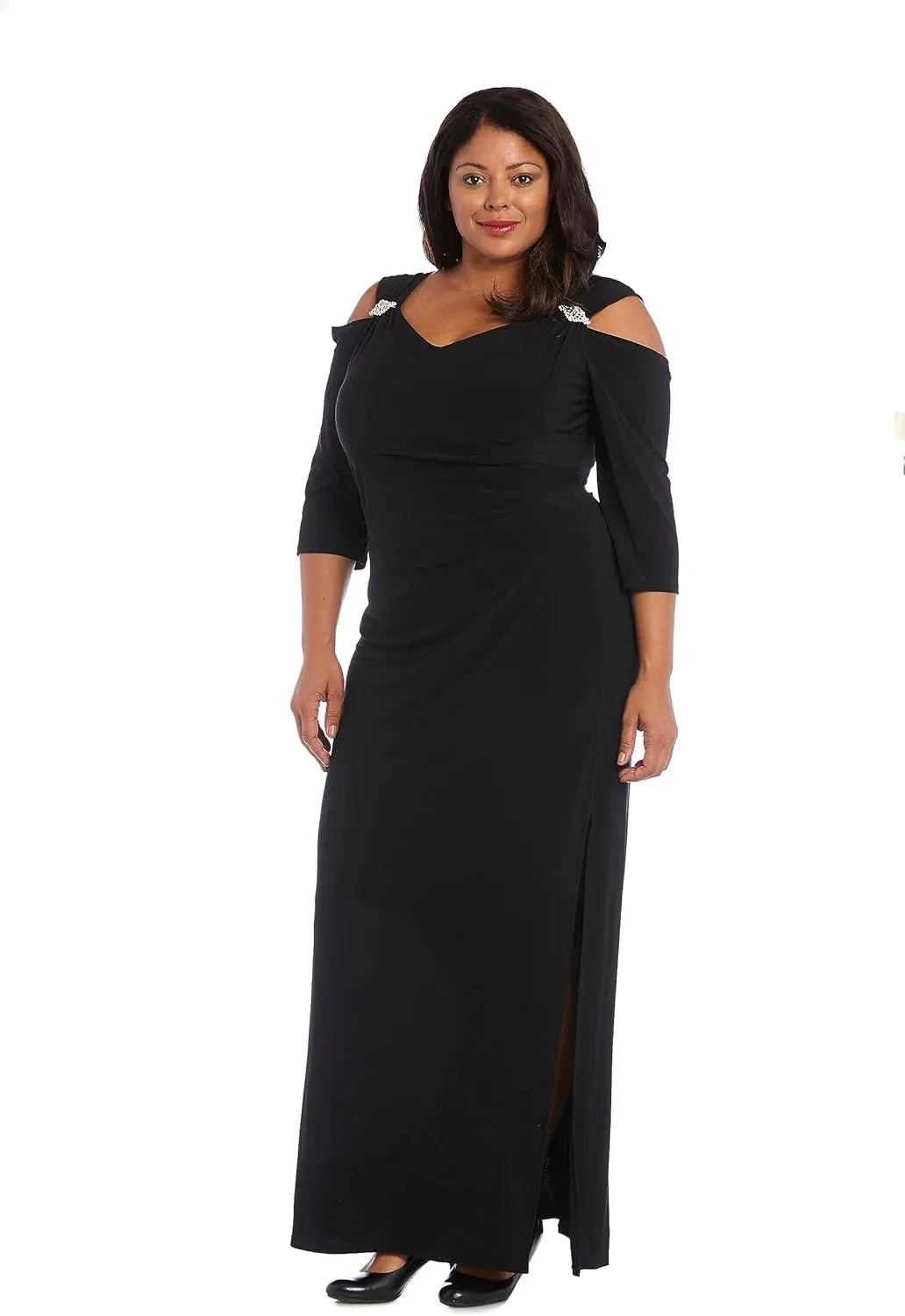 R&M Richards Womens Plus Cold Shoulder Embellished Evening Dress
