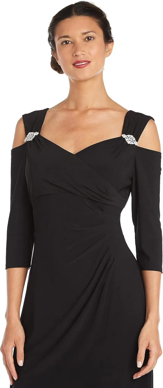 R&M Richards Womens Plus Cold Shoulder Embellished Evening Dress