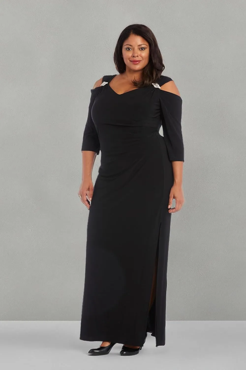 R&M Richards Womens Plus Cold Shoulder Embellished Evening Dress