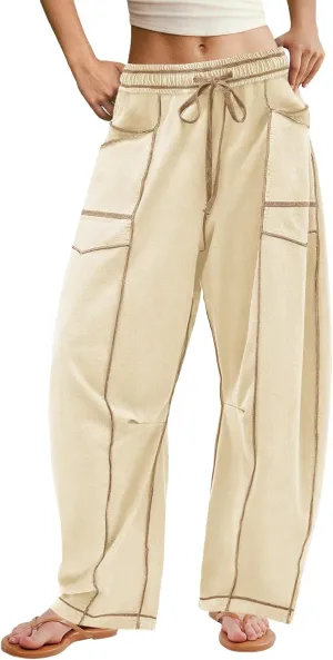 ReachMe Womens Barrel Baggy Sweatpants High Waisted Wide Leg Pants Drawstring Beach Pants Summer Vacation Outfits