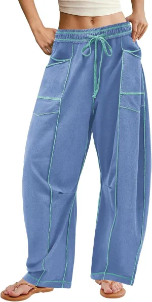 ReachMe Womens Barrel Baggy Sweatpants High Waisted Wide Leg Pants Drawstring Beach Pants Summer Vacation Outfits