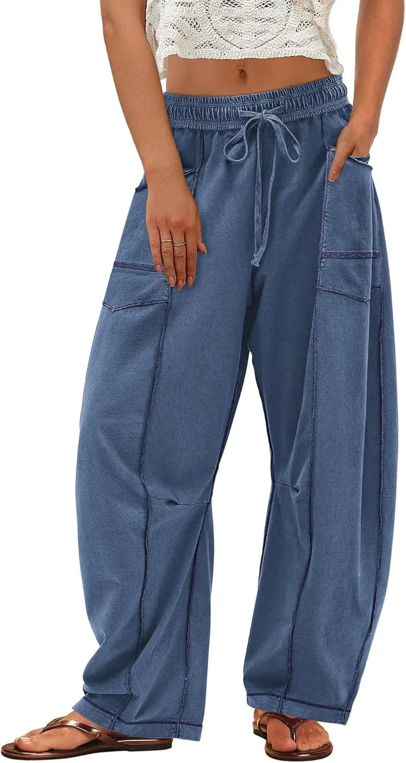 ReachMe Womens Barrel Baggy Sweatpants High Waisted Wide Leg Pants Drawstring Beach Pants Summer Vacation Outfits