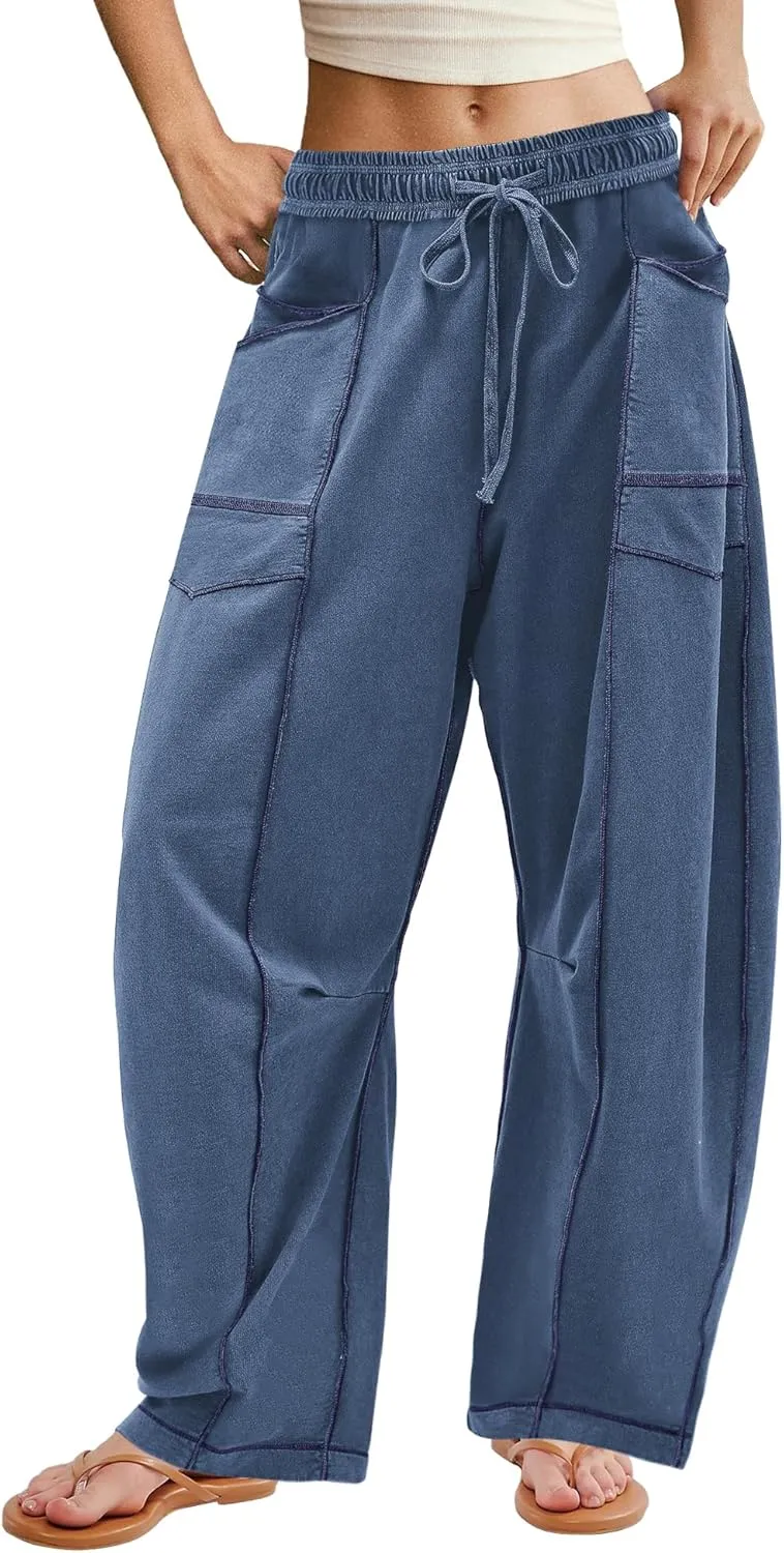 ReachMe Womens Barrel Baggy Sweatpants High Waisted Wide Leg Pants Drawstring Beach Pants Summer Vacation Outfits