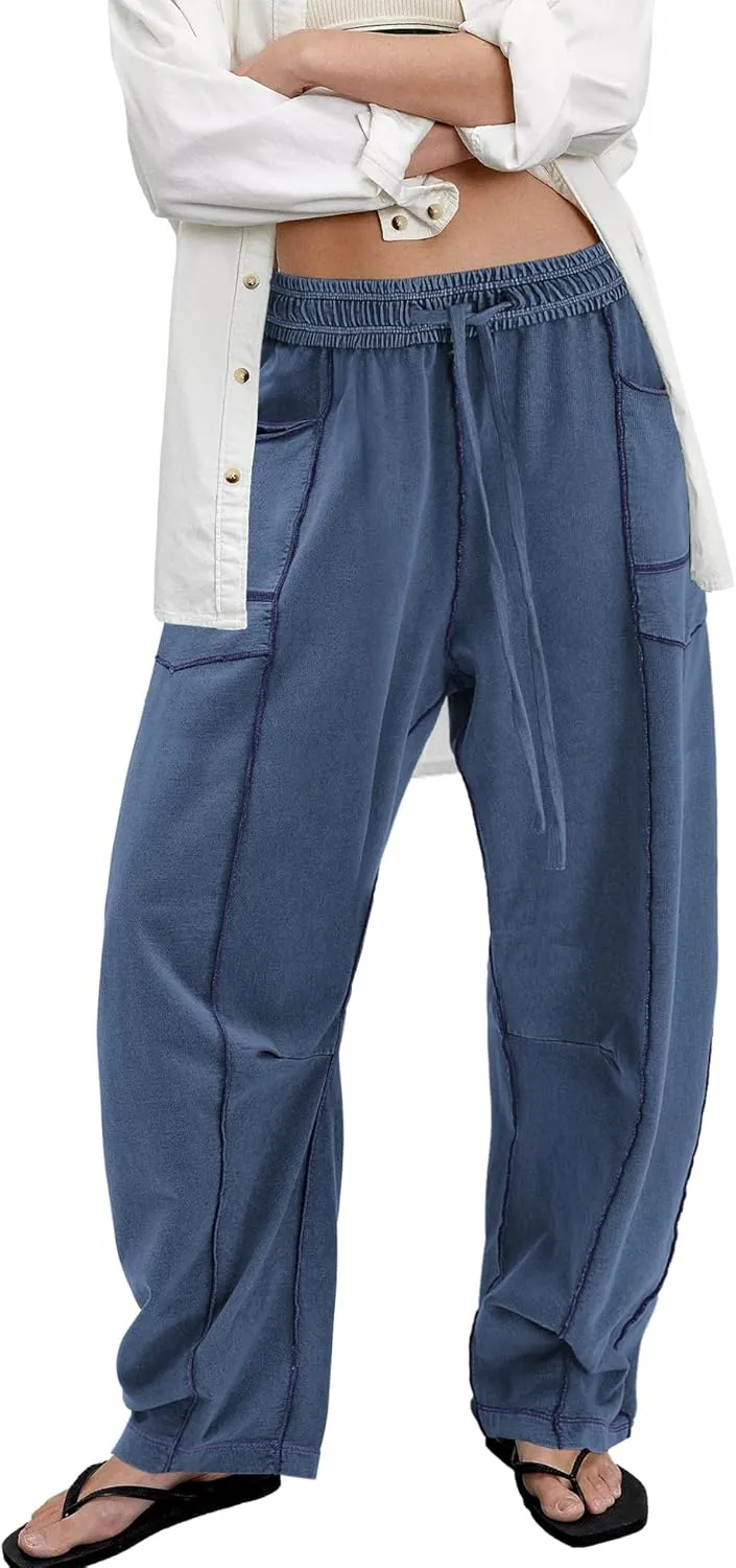 ReachMe Womens Barrel Baggy Sweatpants High Waisted Wide Leg Pants Drawstring Beach Pants Summer Vacation Outfits