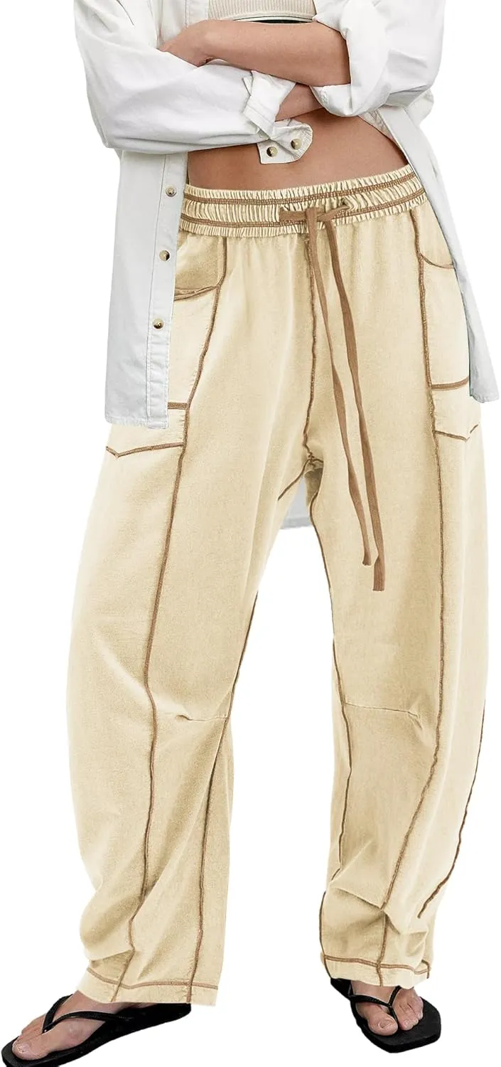 ReachMe Womens Barrel Baggy Sweatpants High Waisted Wide Leg Pants Drawstring Beach Pants Summer Vacation Outfits