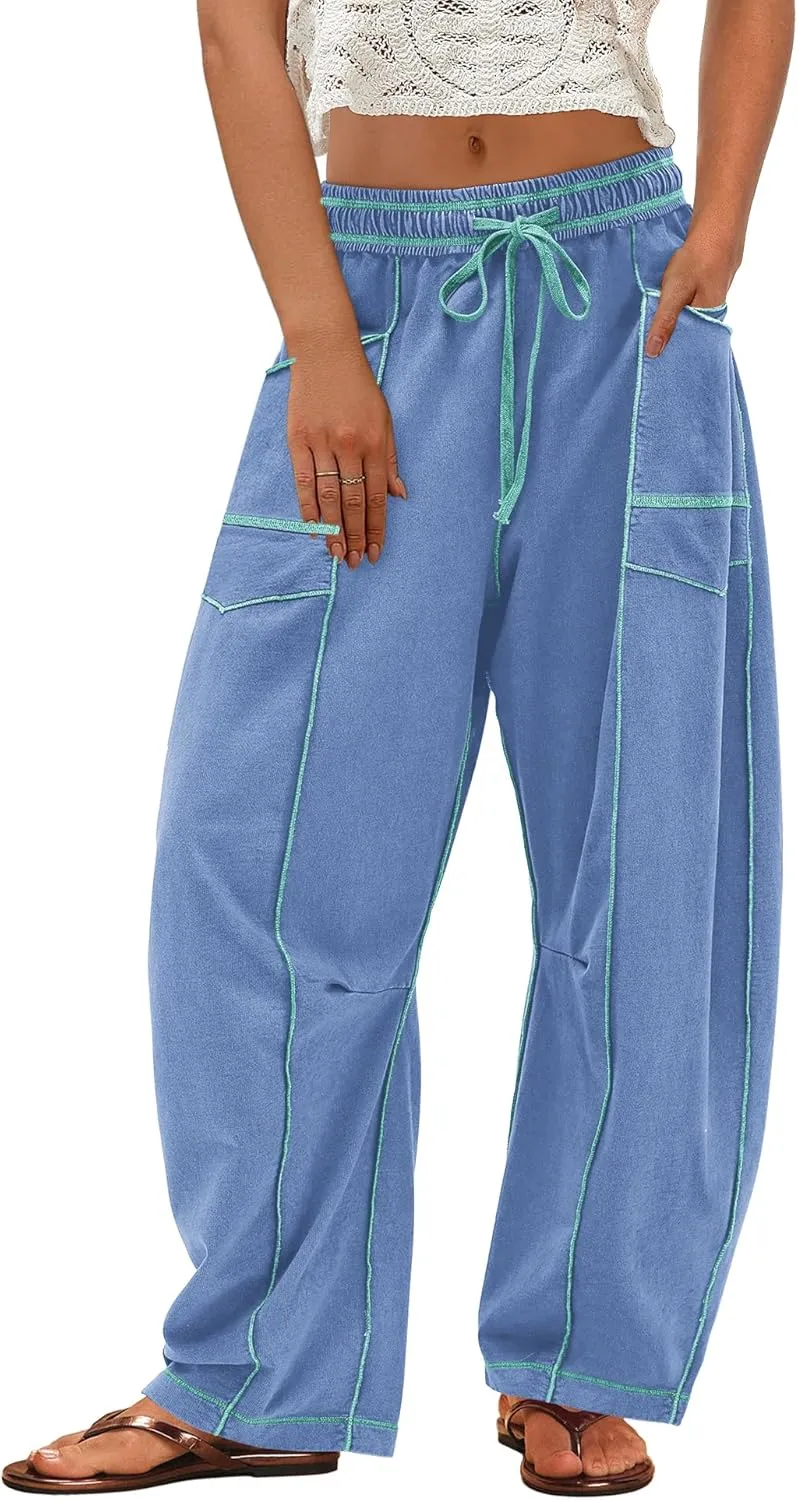 ReachMe Womens Barrel Baggy Sweatpants High Waisted Wide Leg Pants Drawstring Beach Pants Summer Vacation Outfits