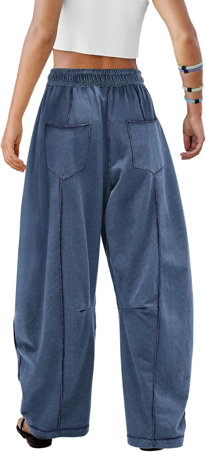 ReachMe Womens Barrel Baggy Sweatpants High Waisted Wide Leg Pants Drawstring Beach Pants Summer Vacation Outfits