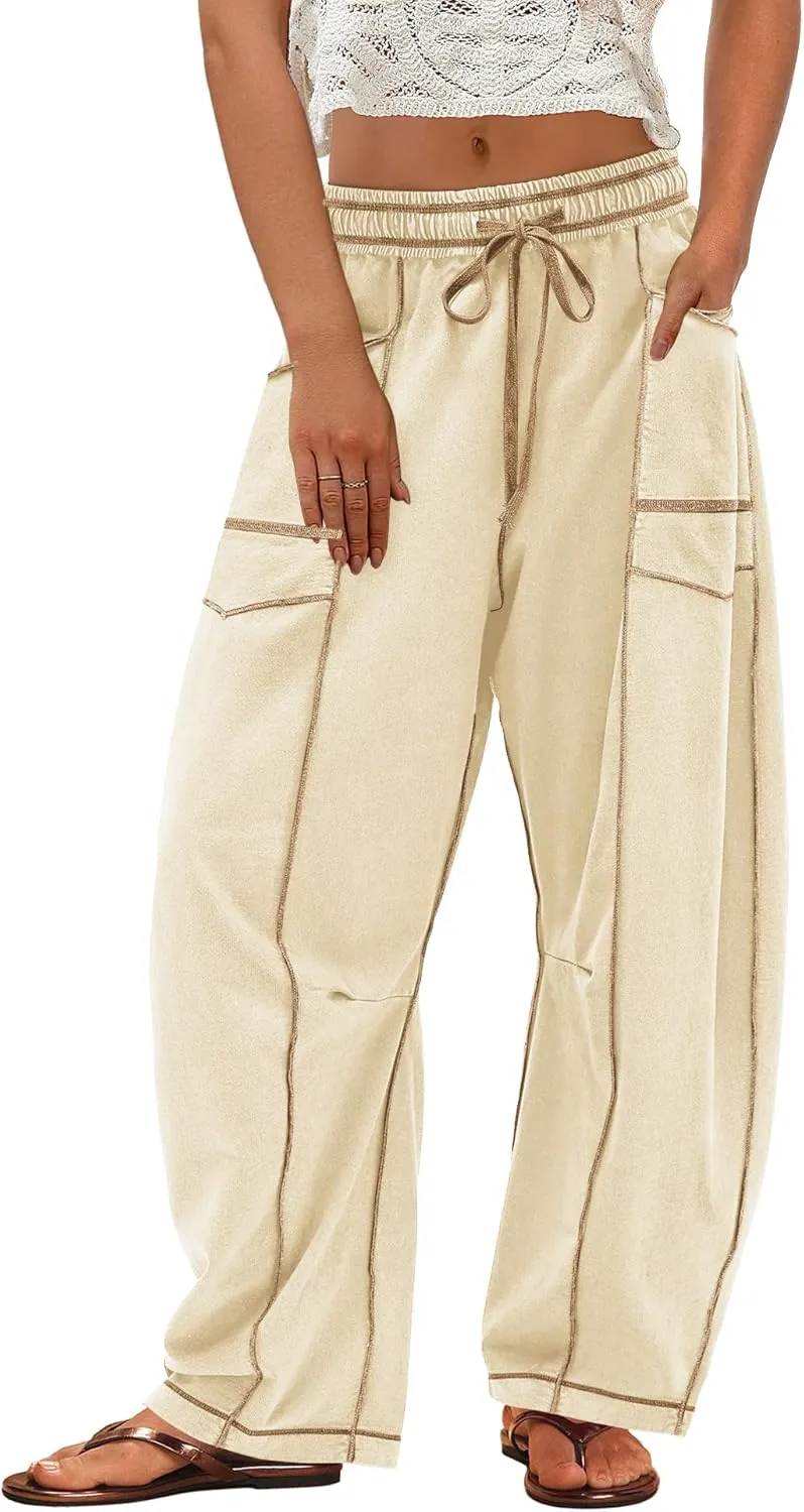 ReachMe Womens Barrel Baggy Sweatpants High Waisted Wide Leg Pants Drawstring Beach Pants Summer Vacation Outfits