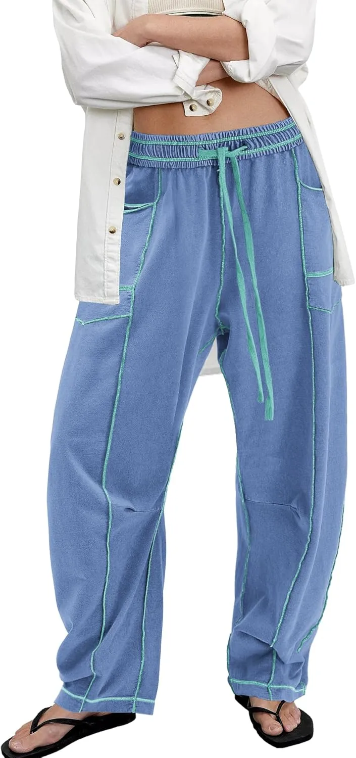 ReachMe Womens Barrel Baggy Sweatpants High Waisted Wide Leg Pants Drawstring Beach Pants Summer Vacation Outfits