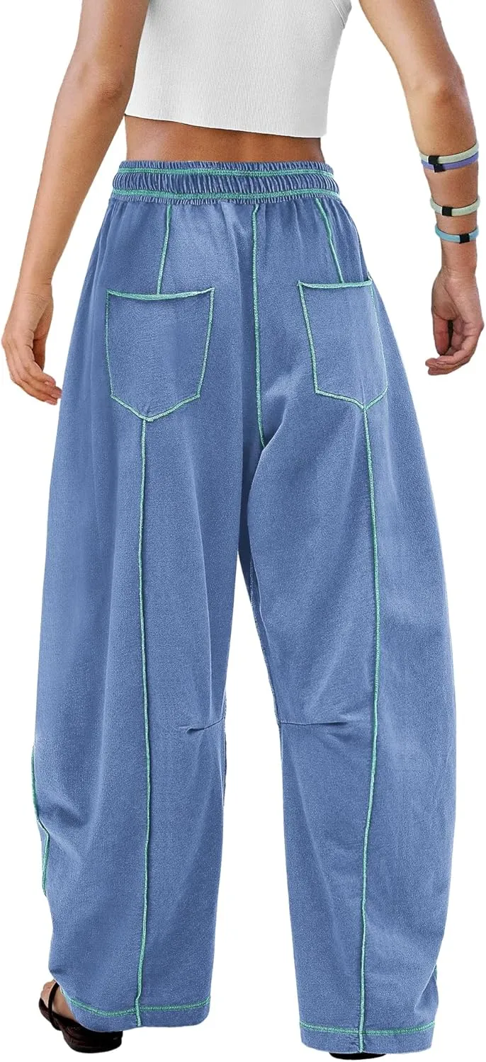 ReachMe Womens Barrel Baggy Sweatpants High Waisted Wide Leg Pants Drawstring Beach Pants Summer Vacation Outfits