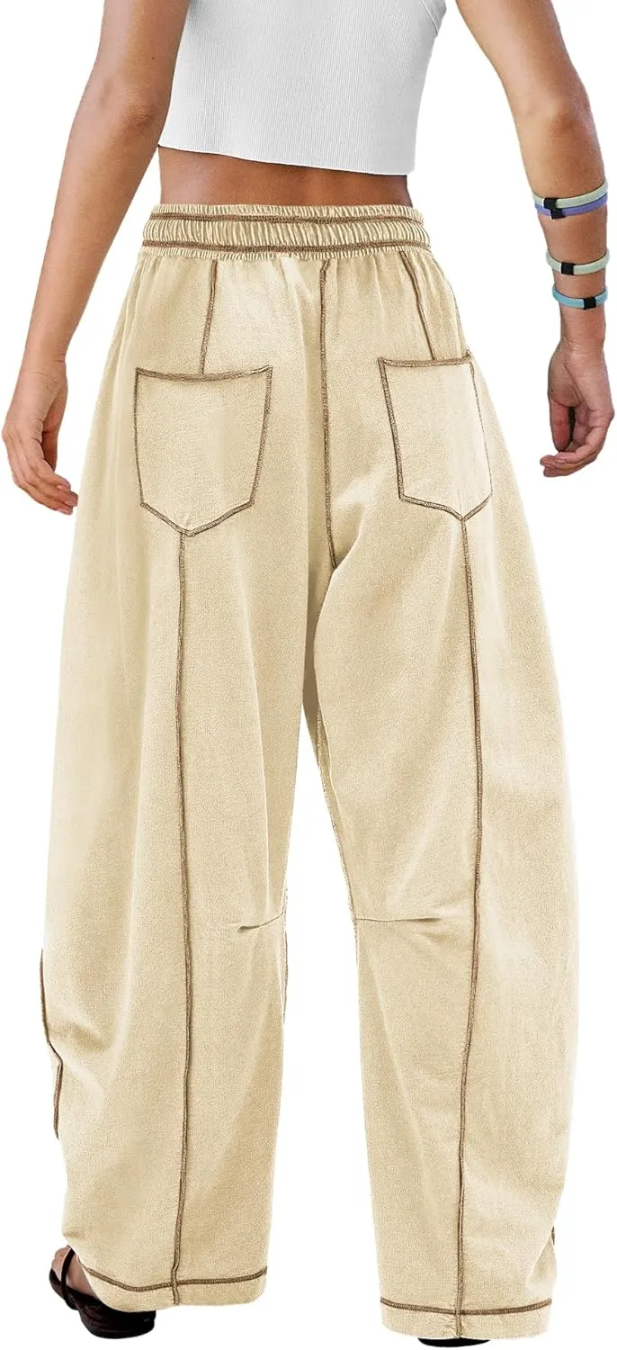 ReachMe Womens Barrel Baggy Sweatpants High Waisted Wide Leg Pants Drawstring Beach Pants Summer Vacation Outfits