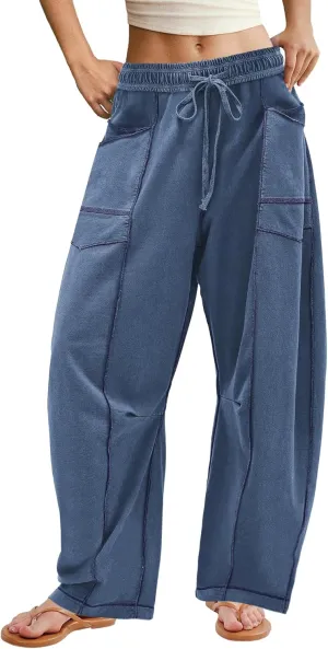 ReachMe Womens Barrel Baggy Sweatpants High Waisted Wide Leg Pants Drawstring Beach Pants Summer Vacation Outfits