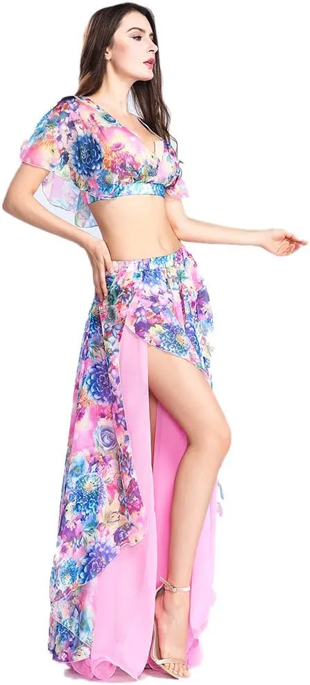 ROYAL SMEELA Belly Dance Costume Set for Women Chiffon Belly Dancing Skirt and Tops Sexy Dancing Dress Outfit One Size