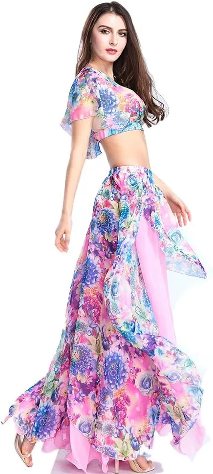 ROYAL SMEELA Belly Dance Costume Set for Women Chiffon Belly Dancing Skirt and Tops Sexy Dancing Dress Outfit One Size