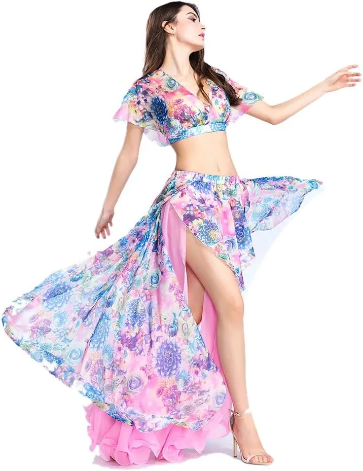 ROYAL SMEELA Belly Dance Costume Set for Women Chiffon Belly Dancing Skirt and Tops Sexy Dancing Dress Outfit One Size