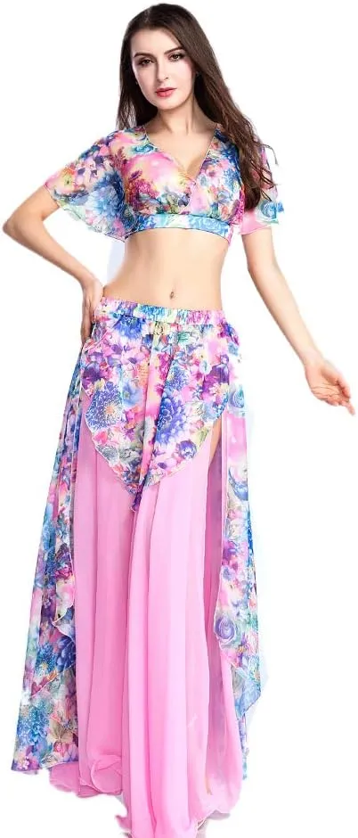 ROYAL SMEELA Belly Dance Costume Set for Women Chiffon Belly Dancing Skirt and Tops Sexy Dancing Dress Outfit One Size