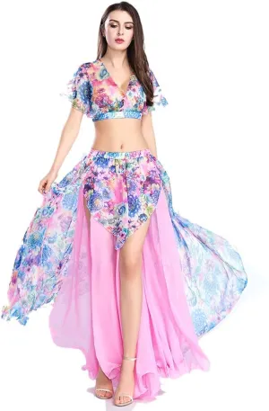 ROYAL SMEELA Belly Dance Costume Set for Women Chiffon Belly Dancing Skirt and Tops Sexy Dancing Dress Outfit One Size