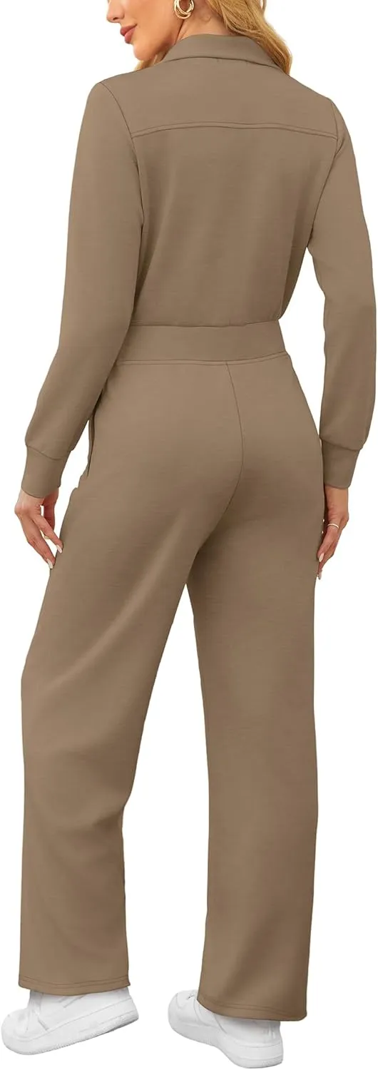 SAMPEEL One Piece Jumpsuits for Women Casual 2024 Fall Fashion Half Zip up Travel Airplane Vacation Outfits Wide Leg