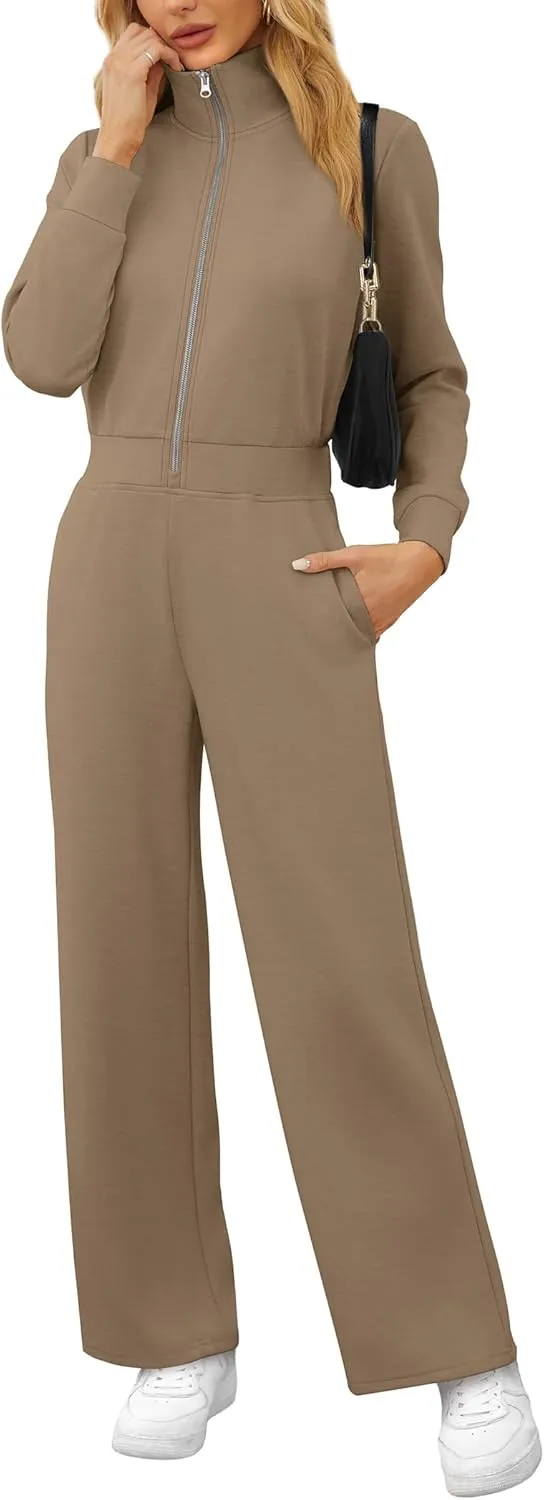 SAMPEEL One Piece Jumpsuits for Women Casual 2024 Fall Fashion Half Zip up Travel Airplane Vacation Outfits Wide Leg