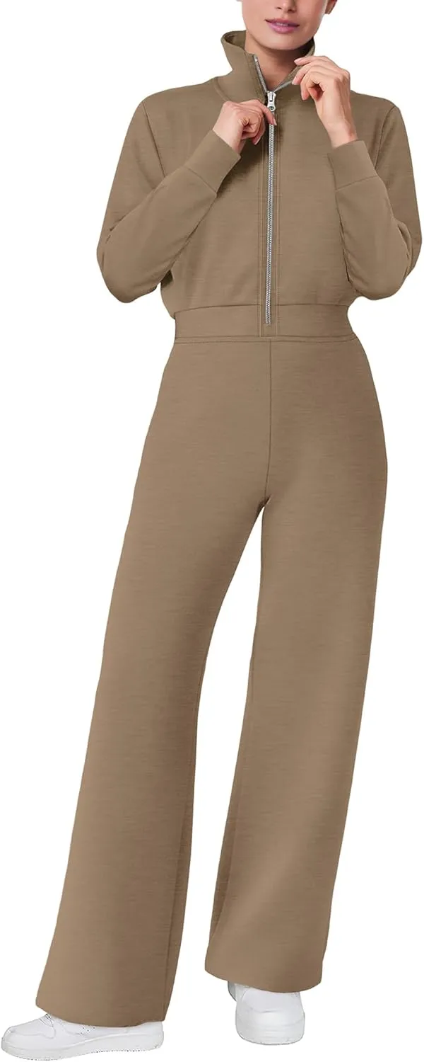 SAMPEEL One Piece Jumpsuits for Women Casual 2024 Fall Fashion Half Zip up Travel Airplane Vacation Outfits Wide Leg
