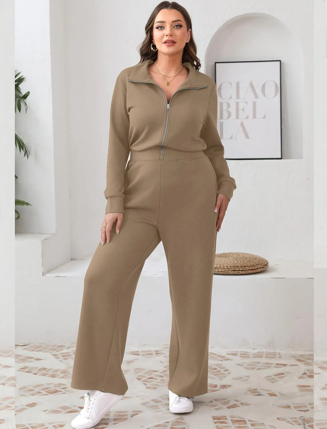 SAMPEEL One Piece Jumpsuits for Women Casual 2024 Fall Fashion Half Zip up Travel Airplane Vacation Outfits Wide Leg