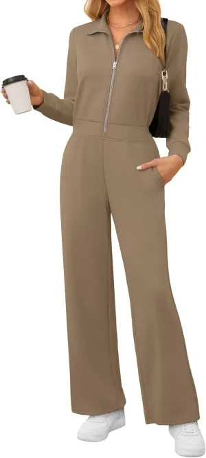 SAMPEEL One Piece Jumpsuits for Women Casual 2024 Fall Fashion Half Zip up Travel Airplane Vacation Outfits Wide Leg