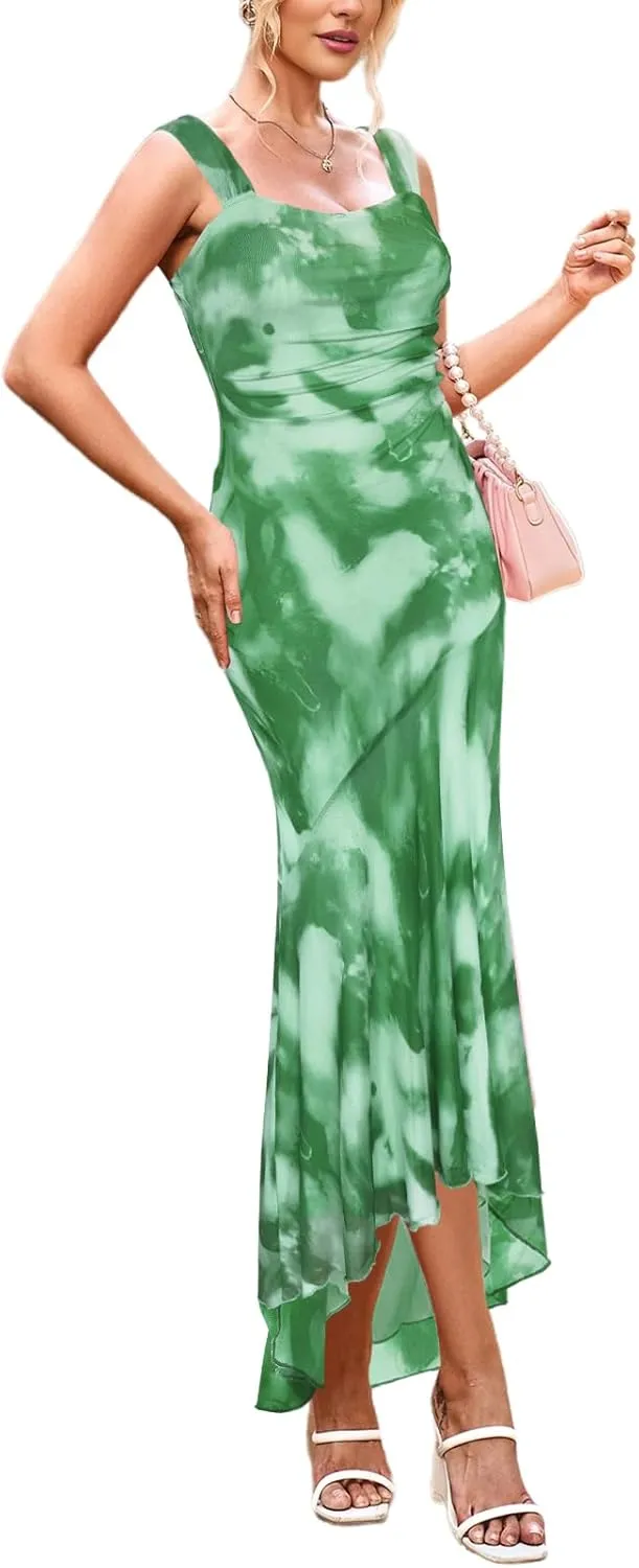 SEBOWEL Women Summer Floral Print Long Maxi Dress Sexy Backless Mesh Elegant Sleeveless Formal Wedding Guest Dress