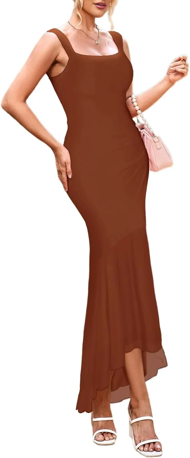 SEBOWEL Women Summer Floral Print Long Maxi Dress Sexy Backless Mesh Elegant Sleeveless Formal Wedding Guest Dress