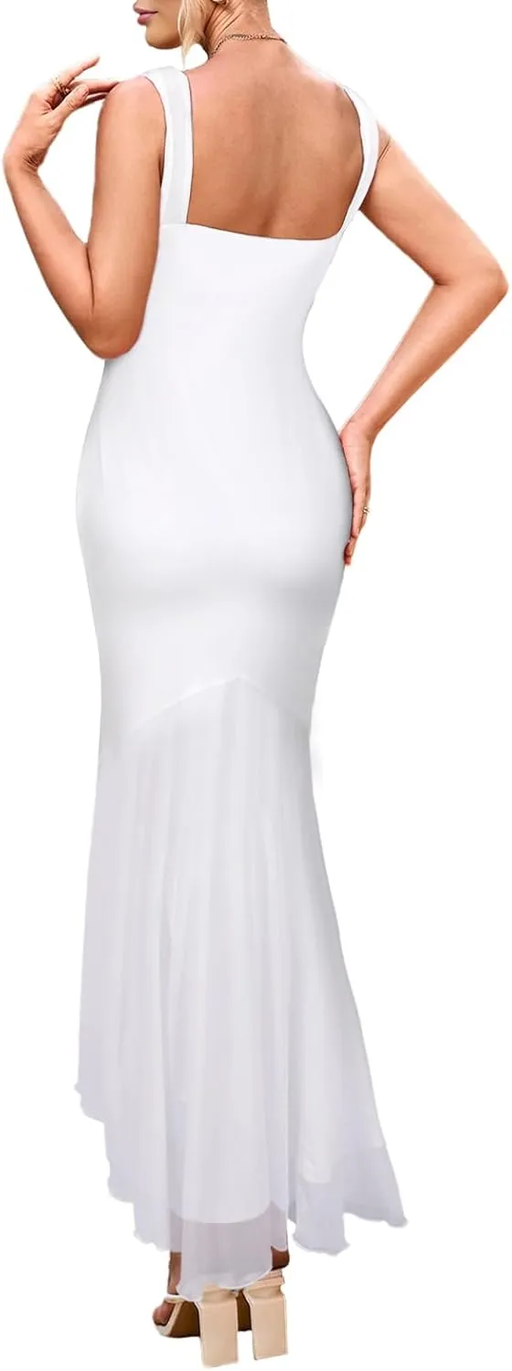 SEBOWEL Women Summer Floral Print Long Maxi Dress Sexy Backless Mesh Elegant Sleeveless Formal Wedding Guest Dress