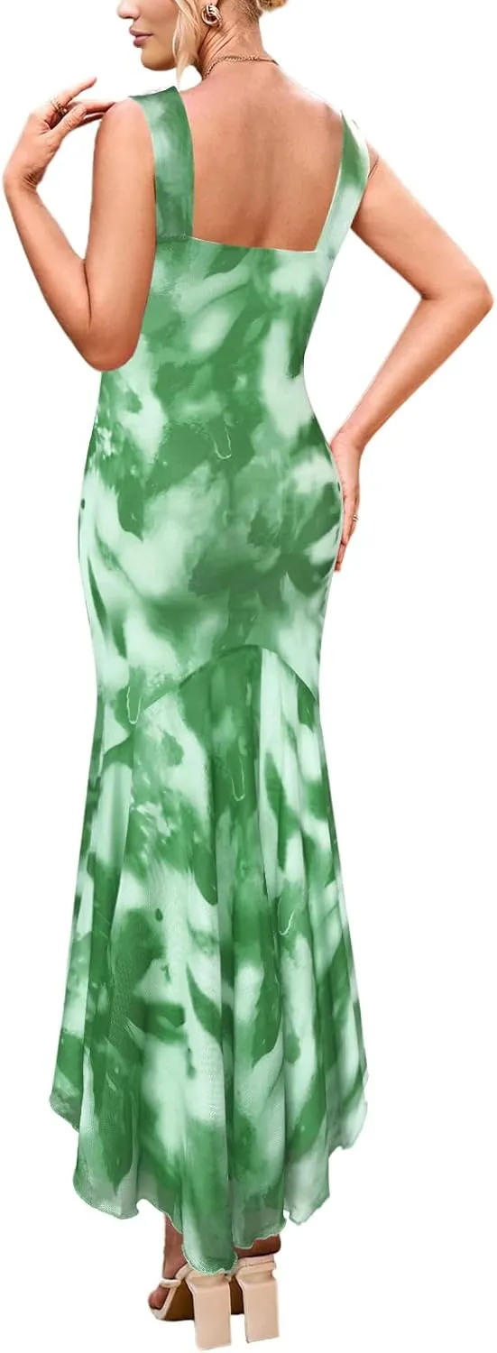 SEBOWEL Women Summer Floral Print Long Maxi Dress Sexy Backless Mesh Elegant Sleeveless Formal Wedding Guest Dress