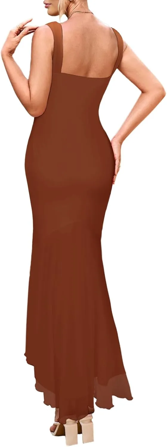 SEBOWEL Women Summer Floral Print Long Maxi Dress Sexy Backless Mesh Elegant Sleeveless Formal Wedding Guest Dress