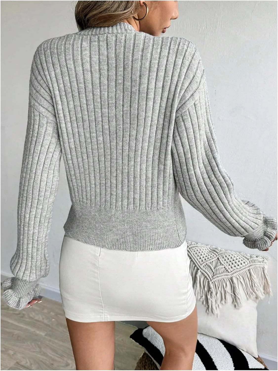 SHENHE Women's V Neck Button Up Ribbed Knit Drop Shoulder Casual Cardigan Sweater