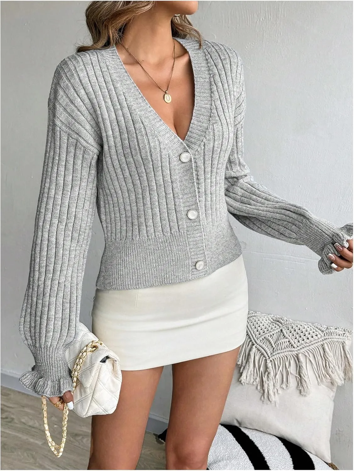 SHENHE Women's V Neck Button Up Ribbed Knit Drop Shoulder Casual Cardigan Sweater