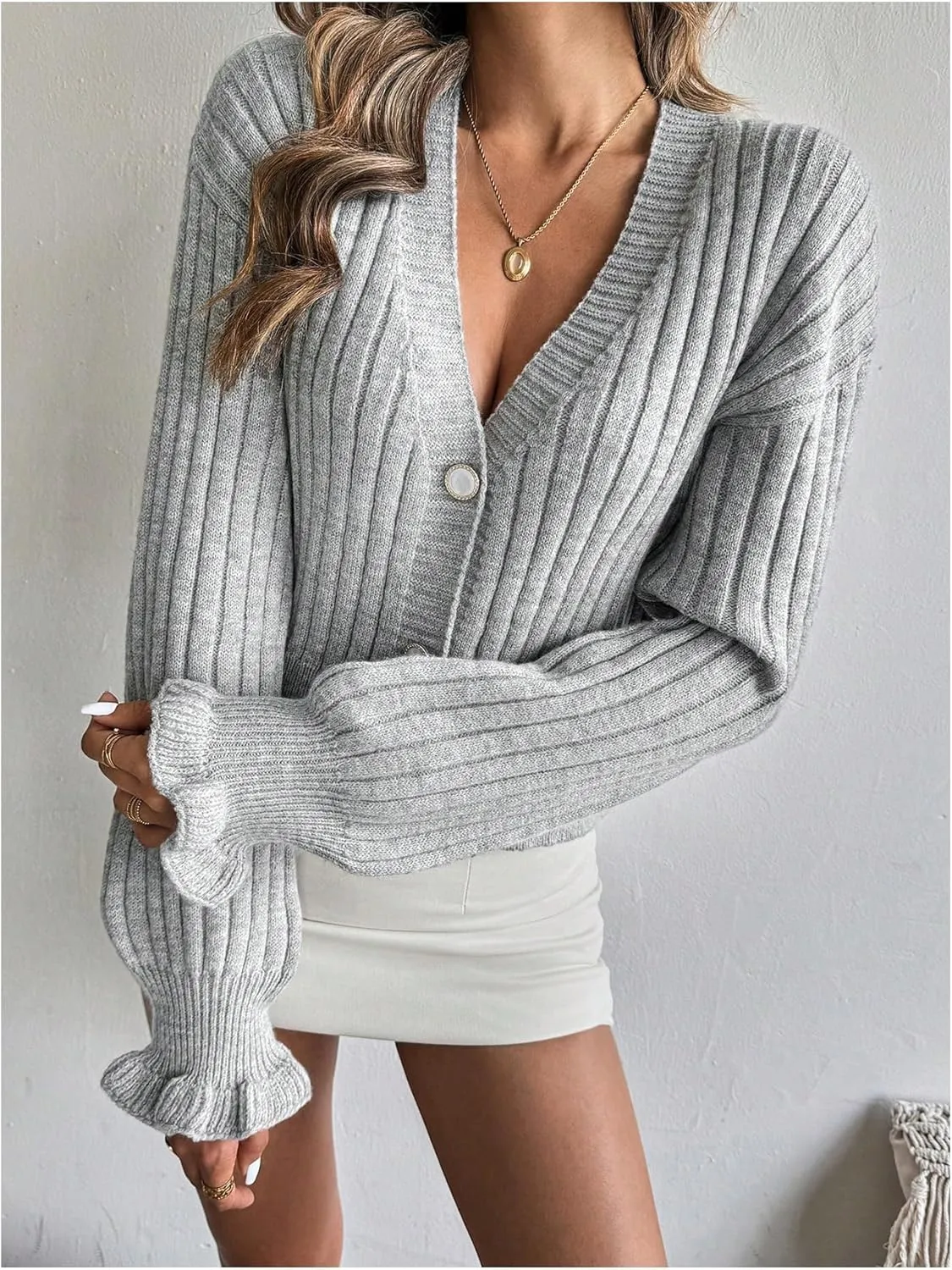 SHENHE Women's V Neck Button Up Ribbed Knit Drop Shoulder Casual Cardigan Sweater