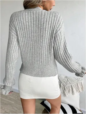 SHENHE Women's V Neck Button Up Ribbed Knit Drop Shoulder Casual Cardigan Sweater