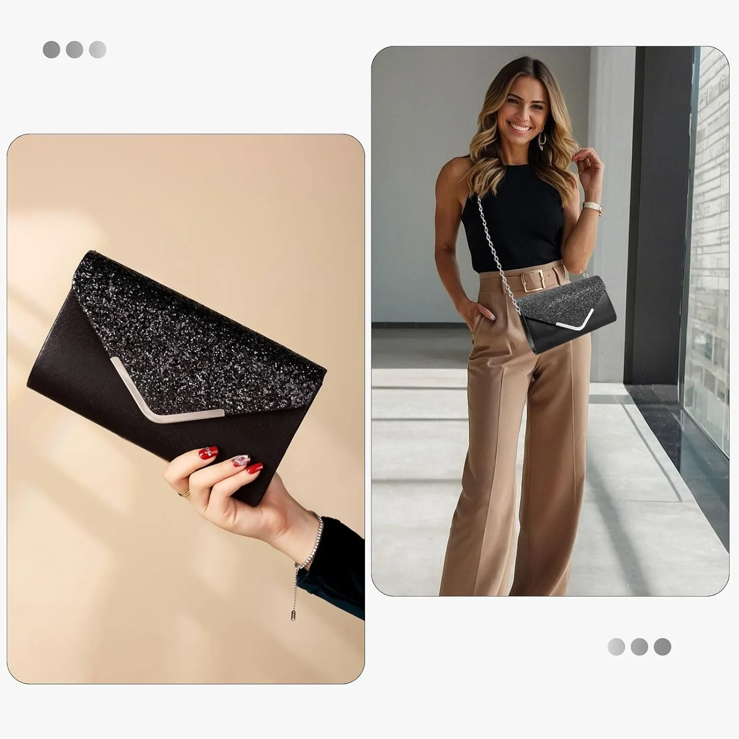 Shiny Sequin Envelope Clutch - Glitter Evening Bag with Chain for Wedding, Formal, Cocktail Party