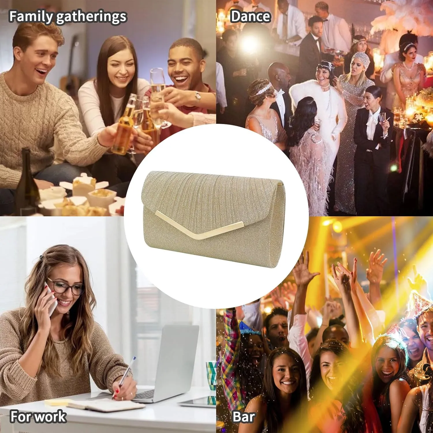 Shiny Sequin Envelope Clutch - Glitter Evening Bag with Chain for Wedding, Formal, Cocktail Party