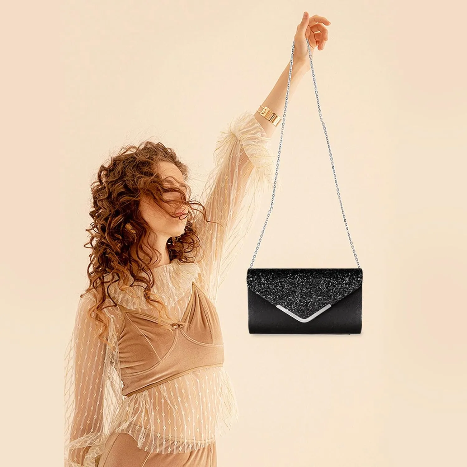Shiny Sequin Envelope Clutch - Glitter Evening Bag with Chain for Wedding, Formal, Cocktail Party
