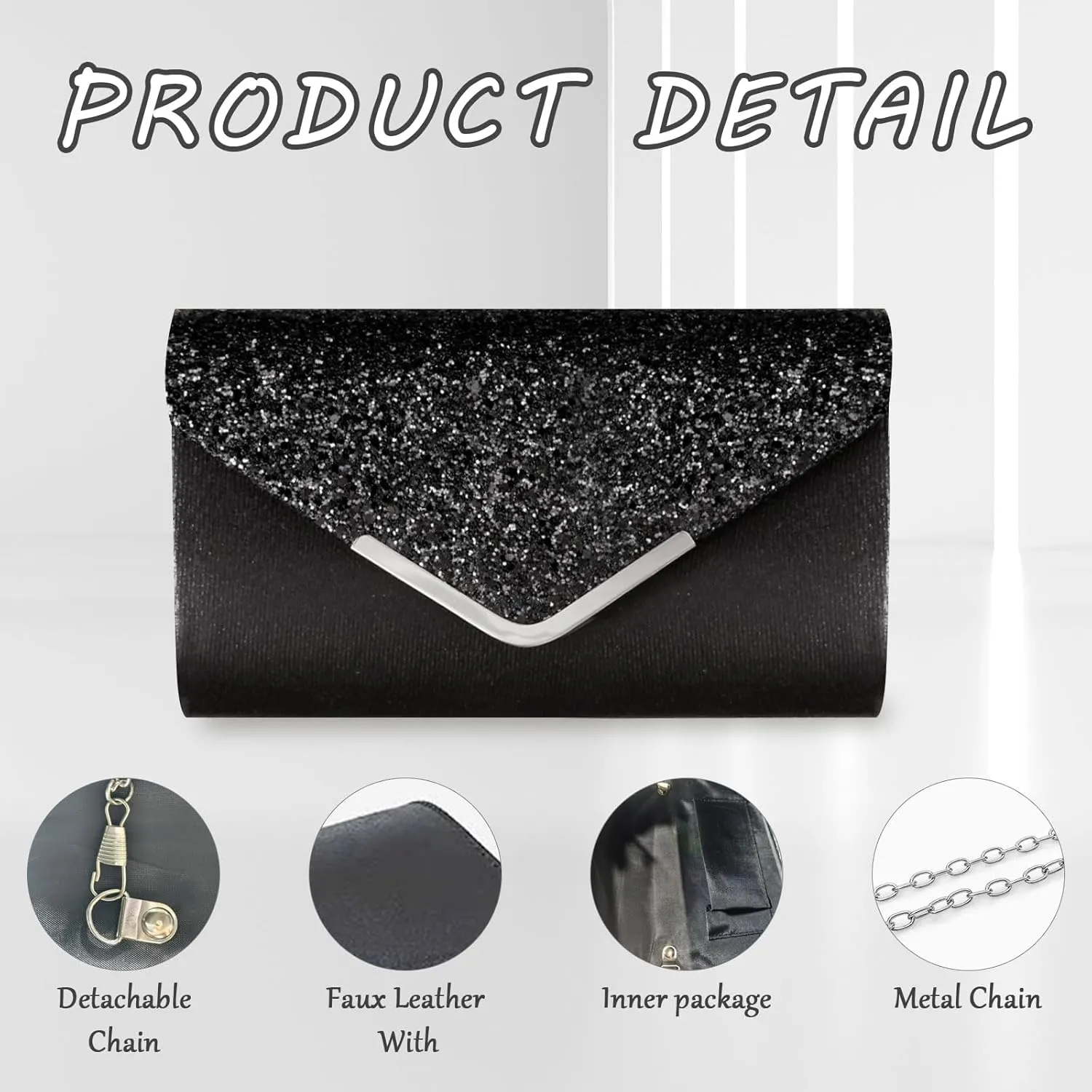 Shiny Sequin Envelope Clutch - Glitter Evening Bag with Chain for Wedding, Formal, Cocktail Party