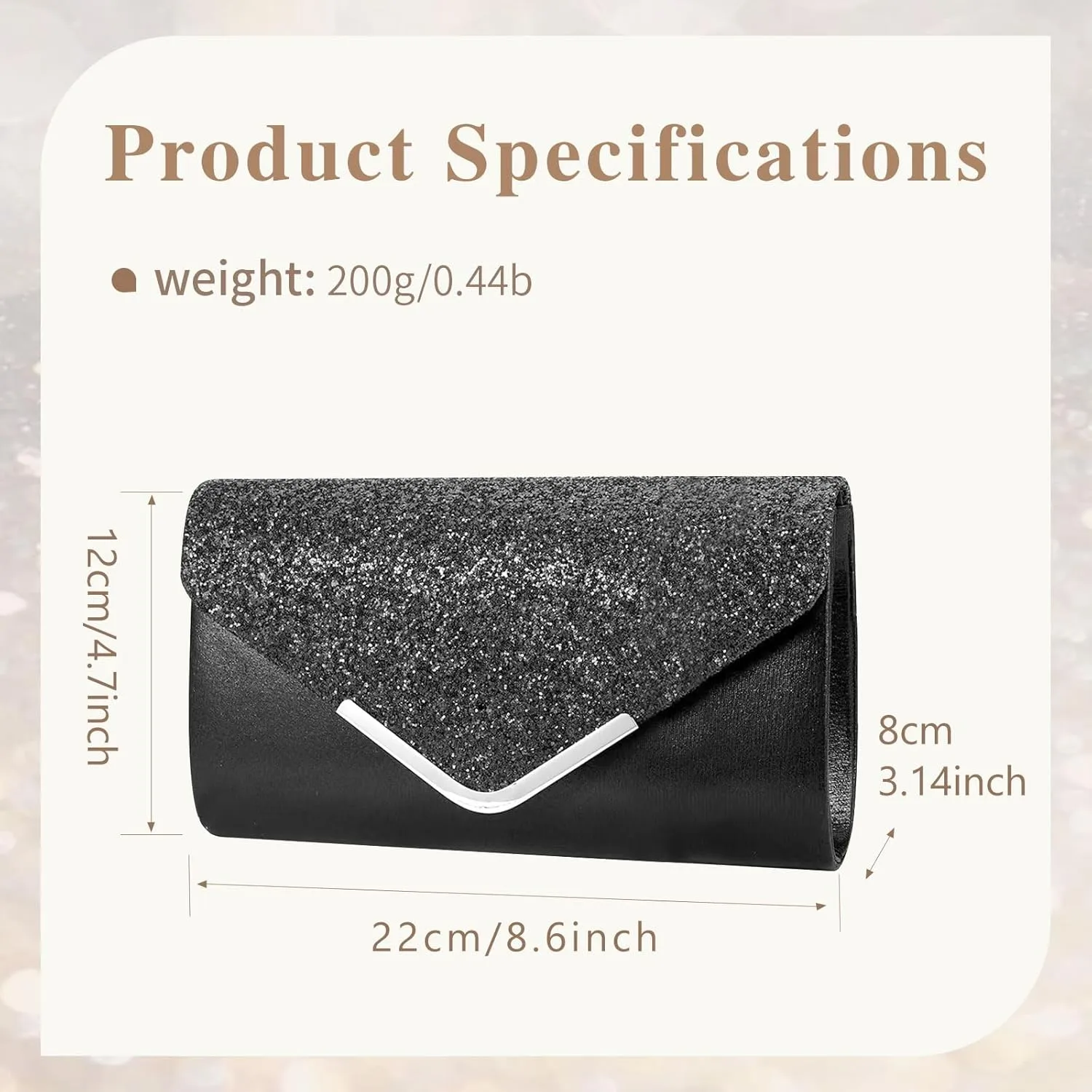 Shiny Sequin Envelope Clutch - Glitter Evening Bag with Chain for Wedding, Formal, Cocktail Party