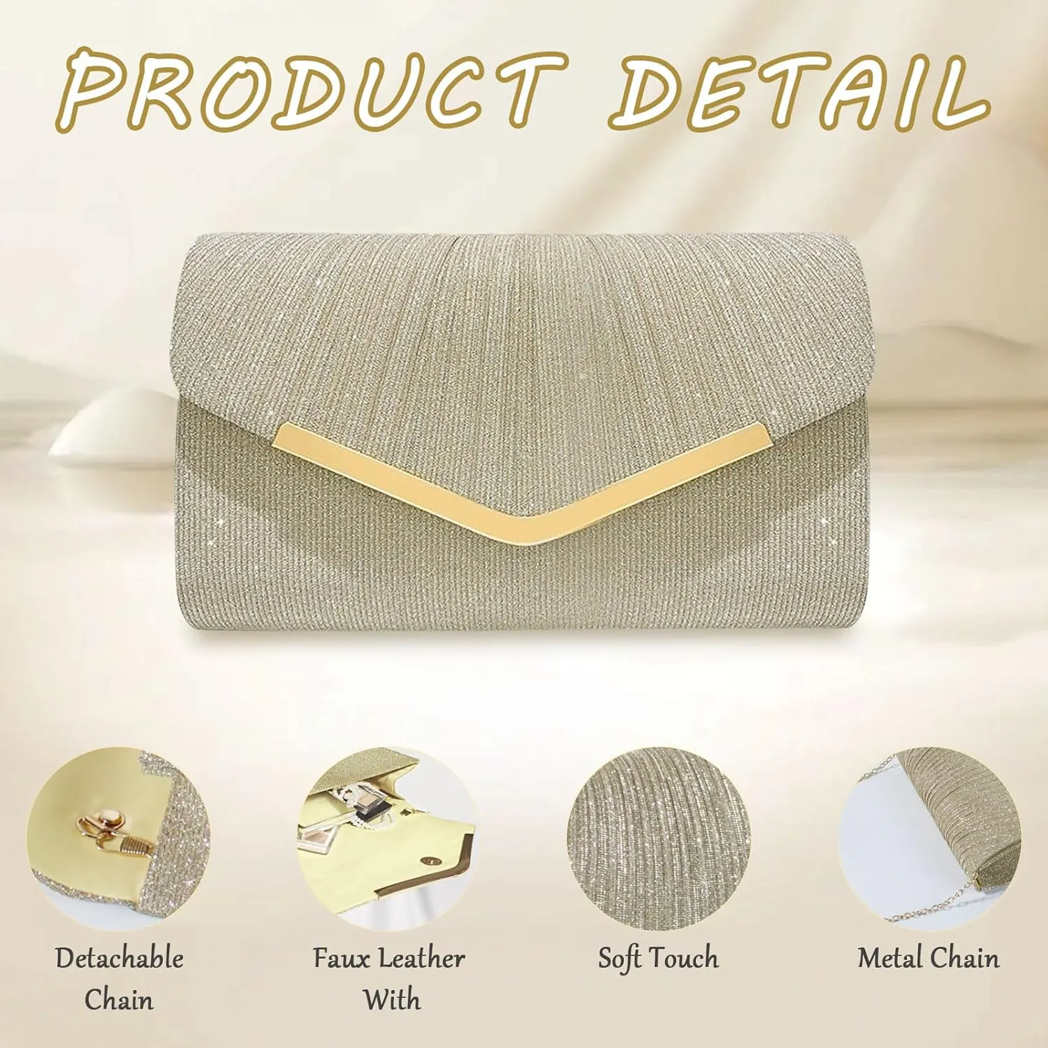 Shiny Sequin Envelope Clutch - Glitter Evening Bag with Chain for Wedding, Formal, Cocktail Party