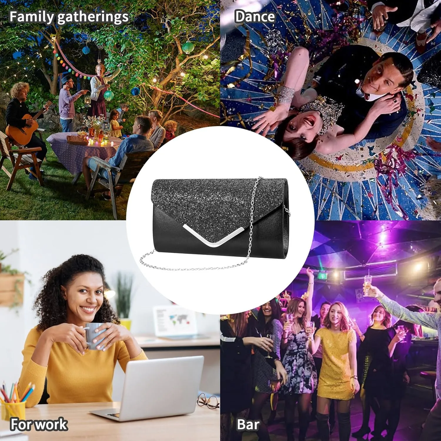 Shiny Sequin Envelope Clutch - Glitter Evening Bag with Chain for Wedding, Formal, Cocktail Party