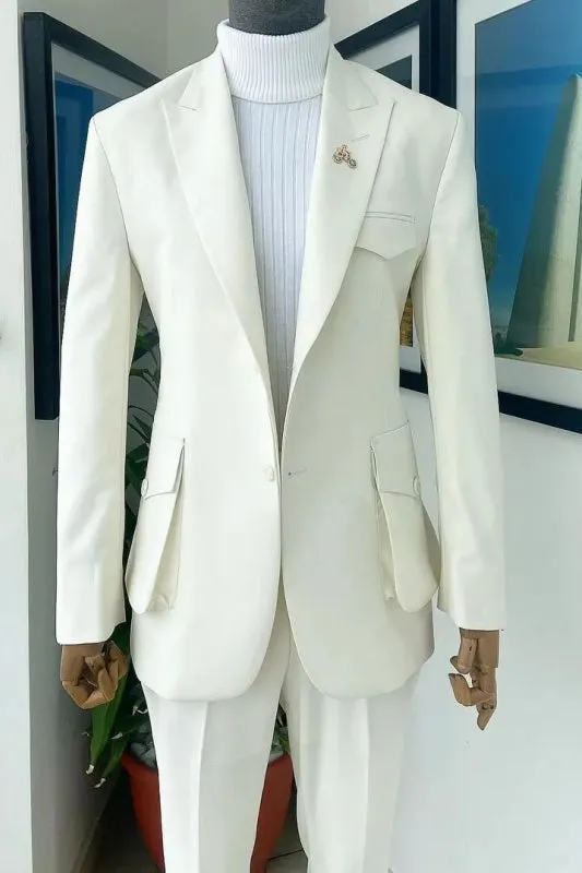 Simple White Peaked Lapel Two Pieces Prom Suits One Button Formal Business Suits Jacket Pants