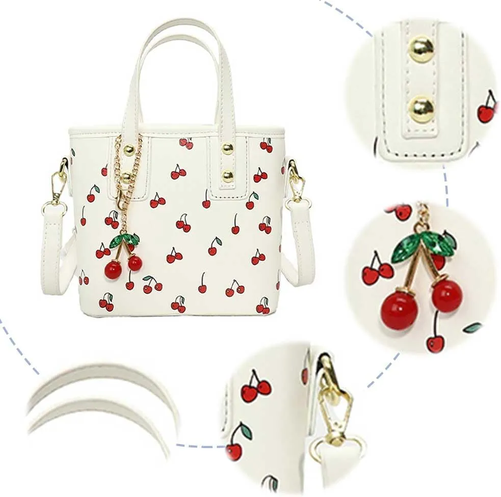 Small Chic Cherry Shoulder Bag Purse for Women PU Leather Cherry Pattern Top-handle Handbag Small Satchel Bag