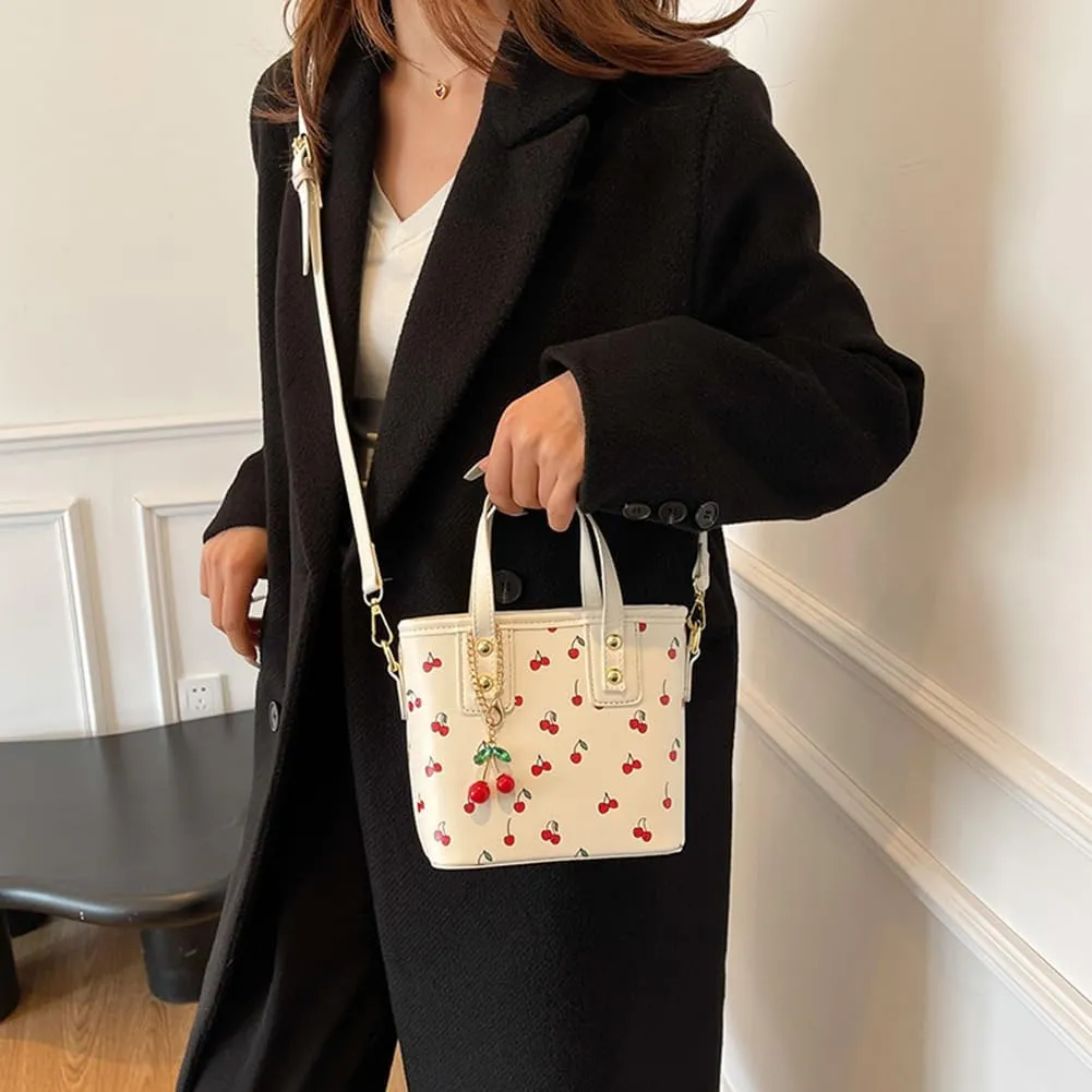 Small Chic Cherry Shoulder Bag Purse for Women PU Leather Cherry Pattern Top-handle Handbag Small Satchel Bag