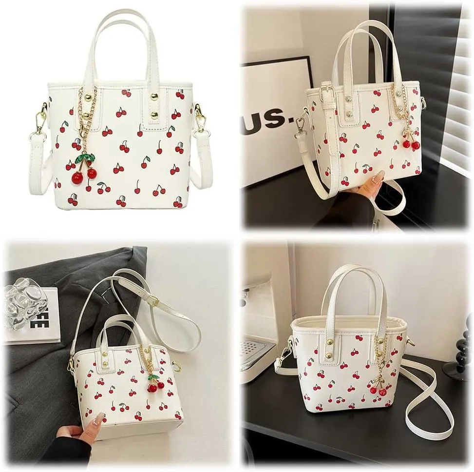 Small Chic Cherry Shoulder Bag Purse for Women PU Leather Cherry Pattern Top-handle Handbag Small Satchel Bag